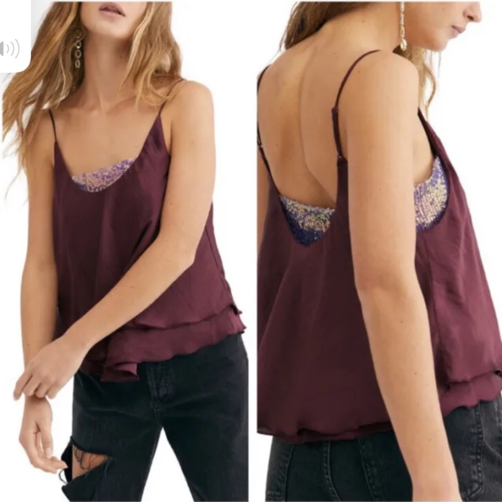 Free People Turn It On Camisole in Plum Vetiver Bloom Cropped Sequin Top Sz S